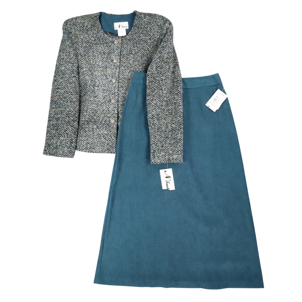N Touch Skirt Suit Set Women 10 Teal Blue Multi Boucle Jacket & Midi Skirt NWT